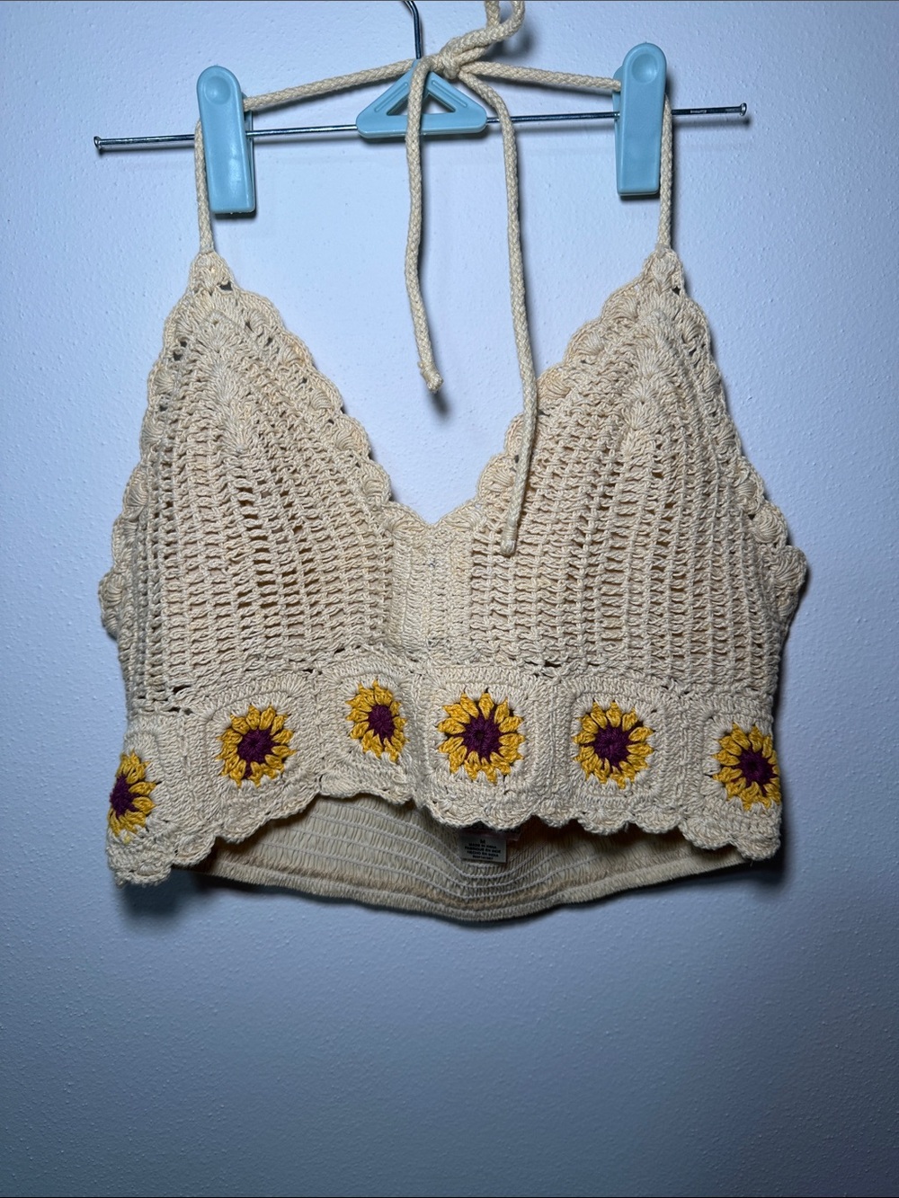 T.J.Maxx Cream Crochet Halter Crop Top with Yellow Flower Accents